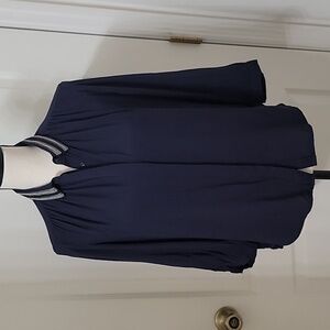 The Korner Size M Navy Blue Button Down Blouse, Metal Stud/Bead Collar, GUC